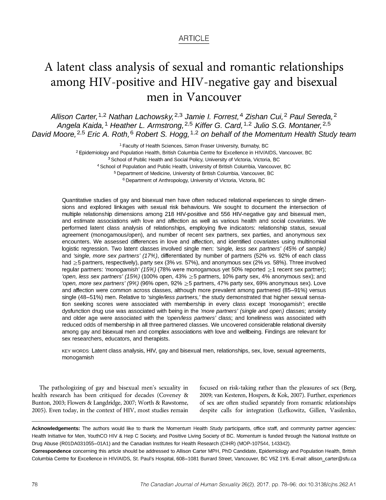 A latent class analysis of sexual and romantic relationships among HIV-positive and HIV-negative gay and bisexual men in Vancouver