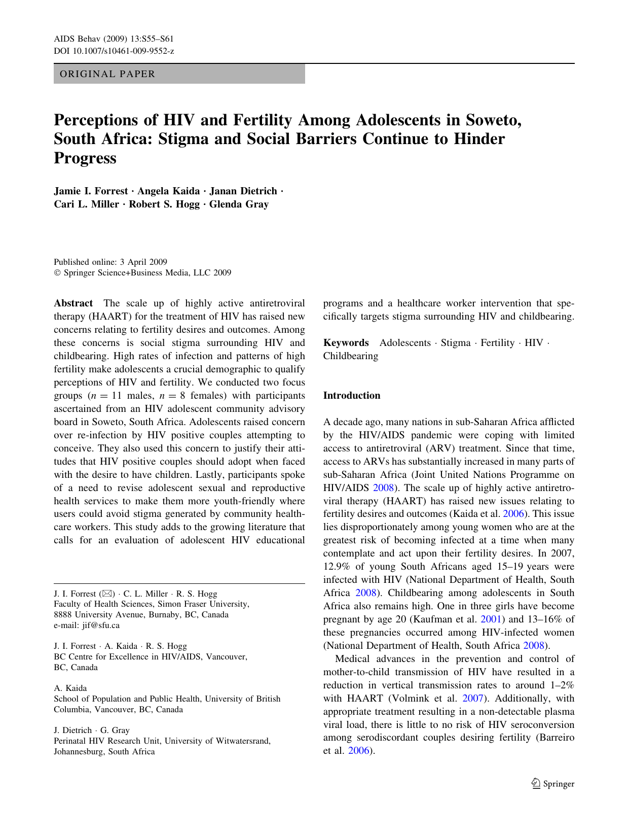 Perceptions of HIV and fertility among adolescents in Soweto, South Africa: stigma and social barriers continue to hinder progress