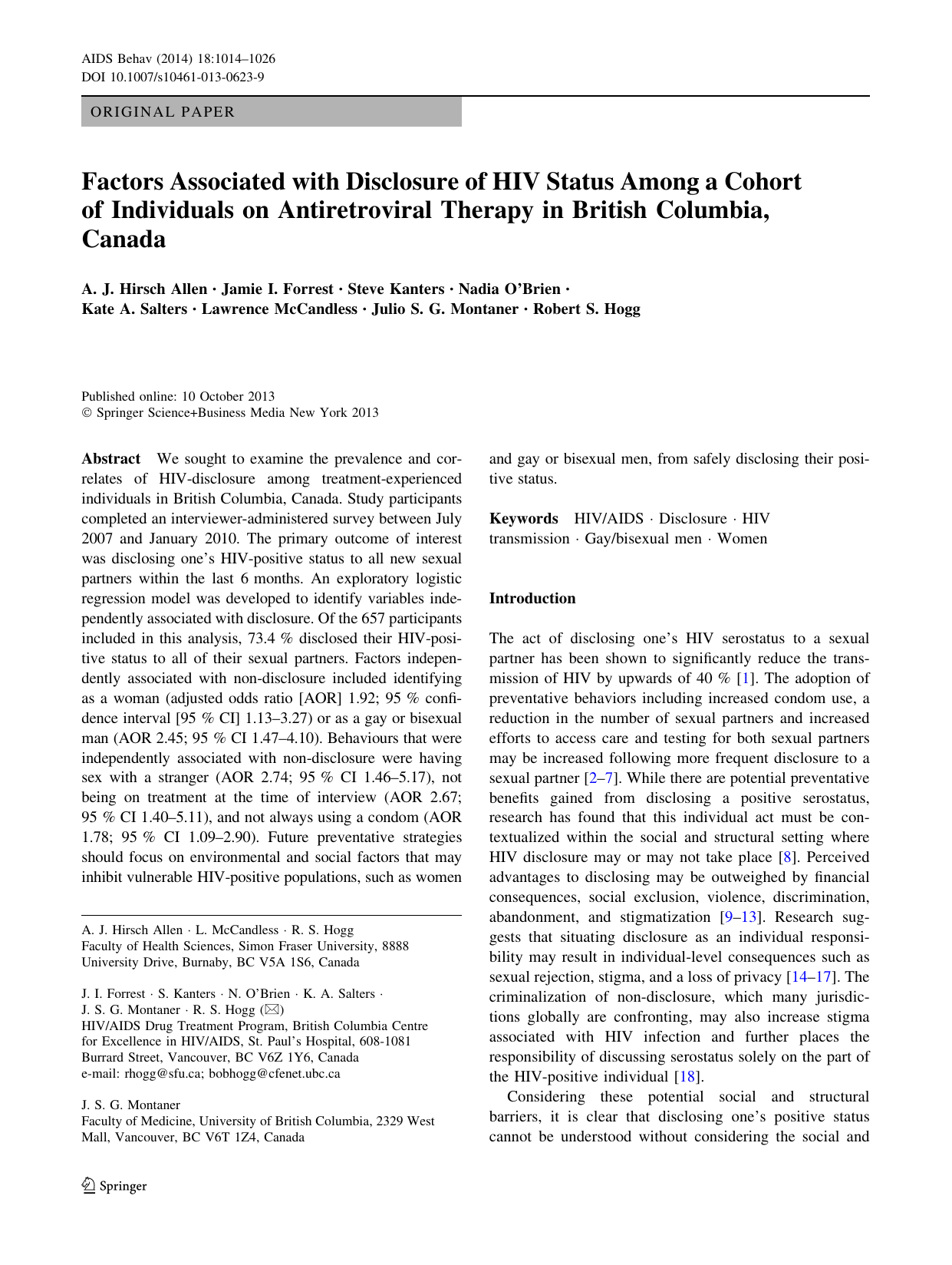 Factors associated with disclosure of HIV status among a cohort of individuals on antiretroviral therapy in British Columbia, Canada