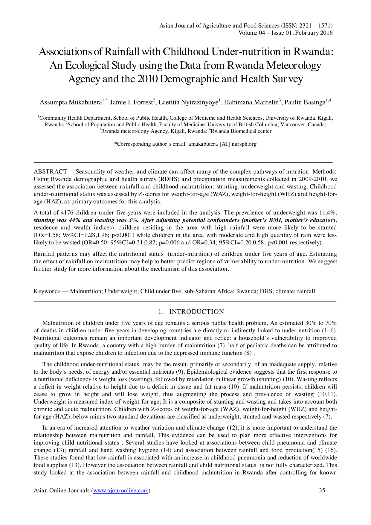 Associations of rainfall with childhood under-nutrition in Rwanda: an ecological study using the data from Rwanda meteorology agency and the 2010 …